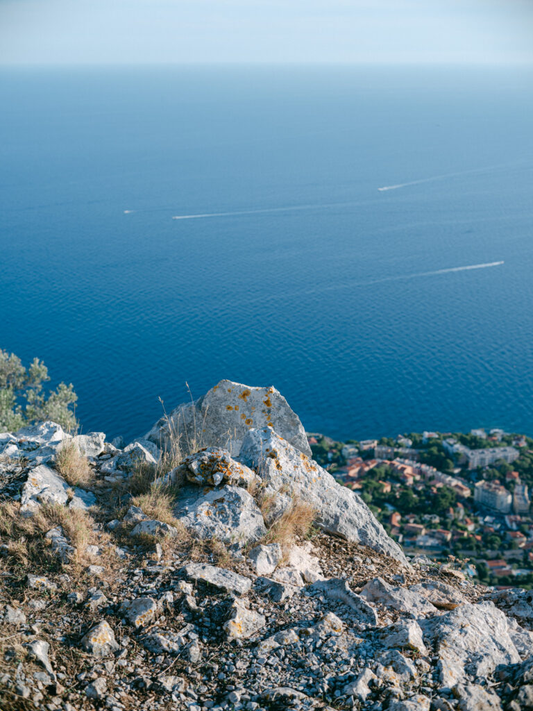 Serene coastline of Saint-Jean-Cap-Ferrat, an idyllic location for a French Riviera engagement getaway, with clear waters and Mediterranean flora