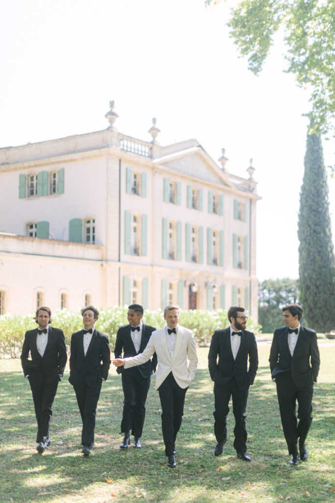 photo of the groom and his bestmen before the ceremony during An American Wedding in Château de Tourreau