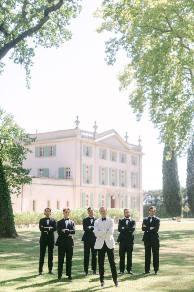 photo of the groom and his bestmen before the ceremony during An American Wedding in Château de Tourreau