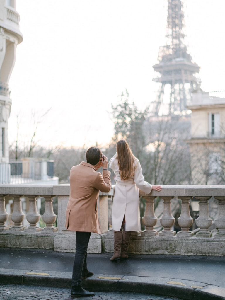 Loving couple during engagement session Paris