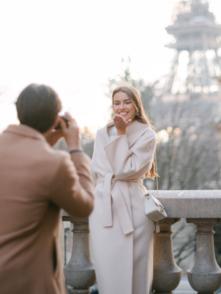 Loving couple during engagement session Paris