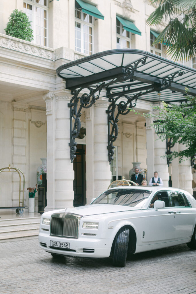 In true Parisian style, the groom departs the George V in a sleek Rolls-Royce, ready for his elegant 'Chateau de Villette' nuptials