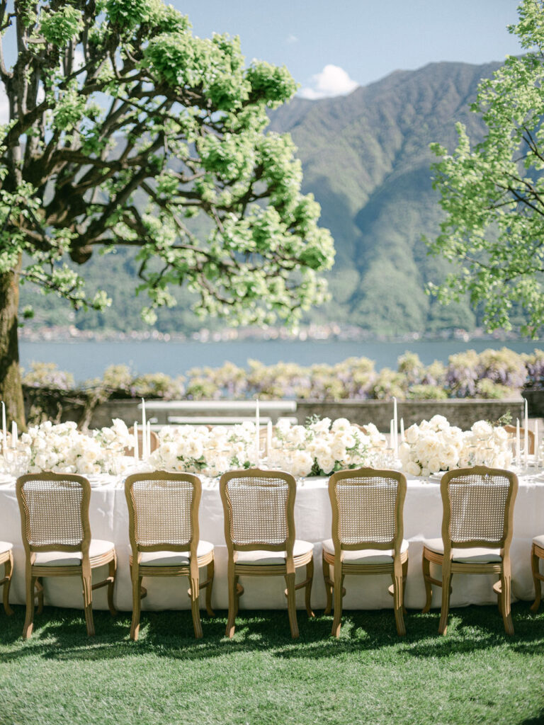 Elegant table setting with a view of Lake Como, perfectly capturing the essence of a Luxury Balbiano Wedding