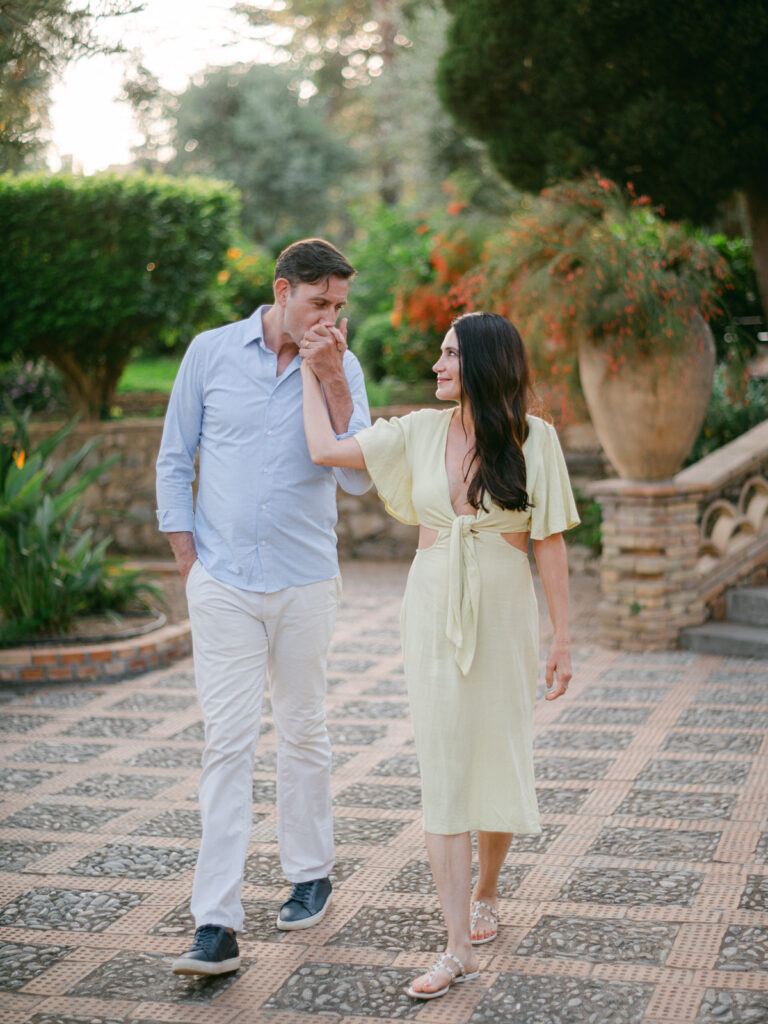 Romantic embrace during engagement session Taormina