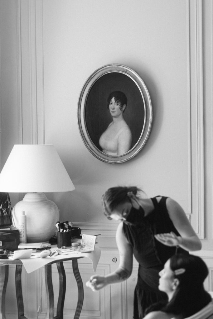 bride getting ready at Château de Seguin with natural light