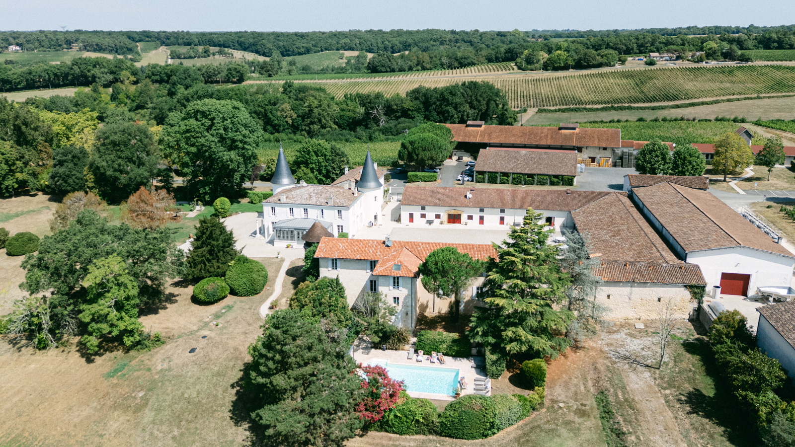 Aerial view of Château de Seguin surrounded by vineyards in Bordeaux