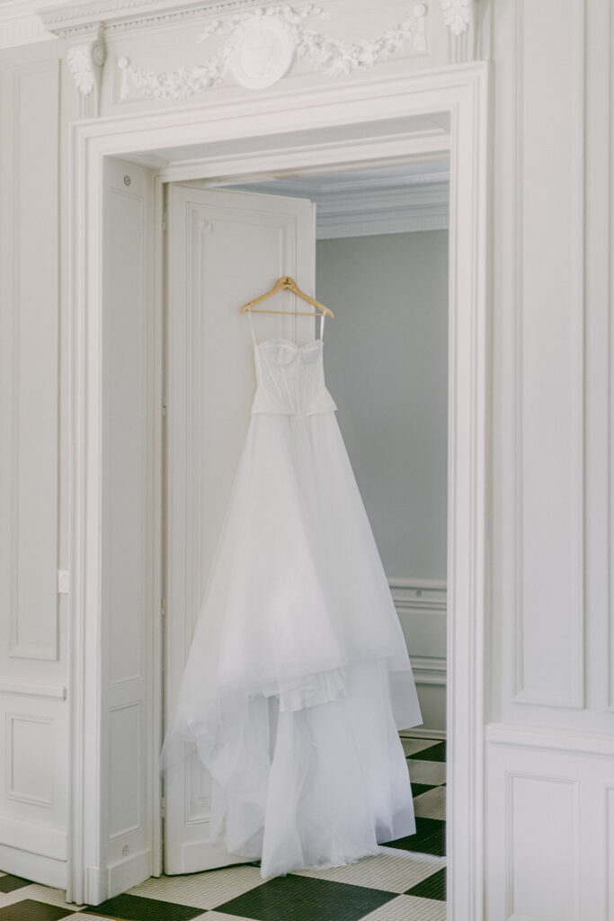 fine art detail of bridal gown at Bordeaux château wedding