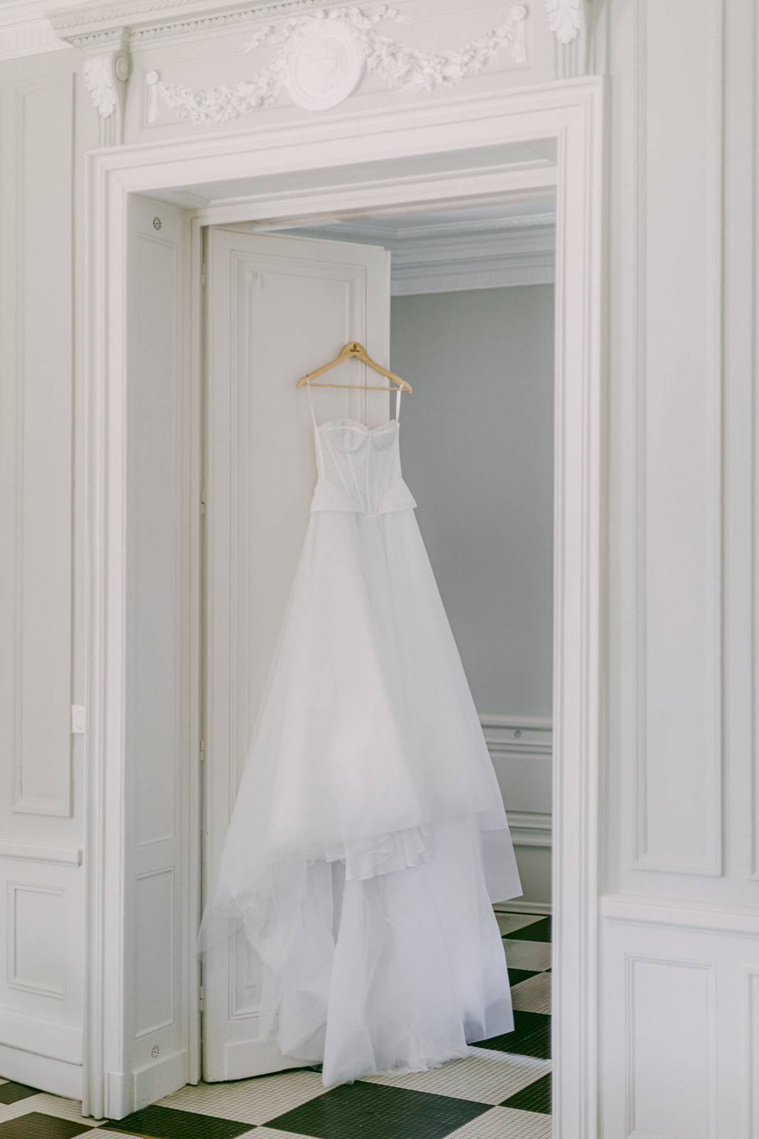 Elegant bridal gown photographed during wedding preparations in Bordeaux
