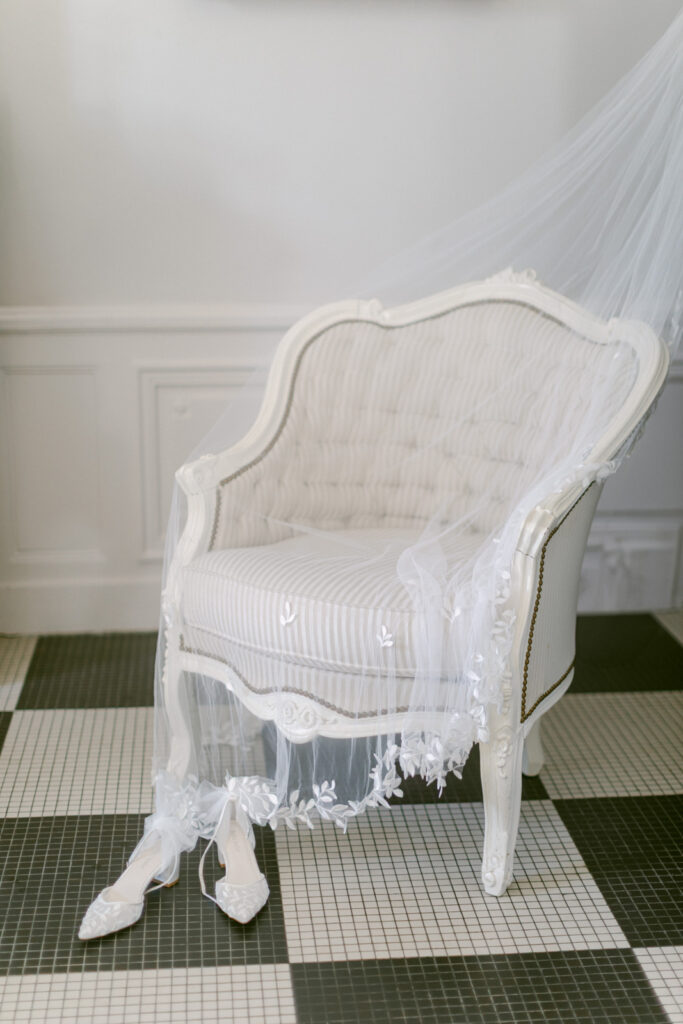 Elegant bridal gown photographed during wedding preparations in Bordeaux