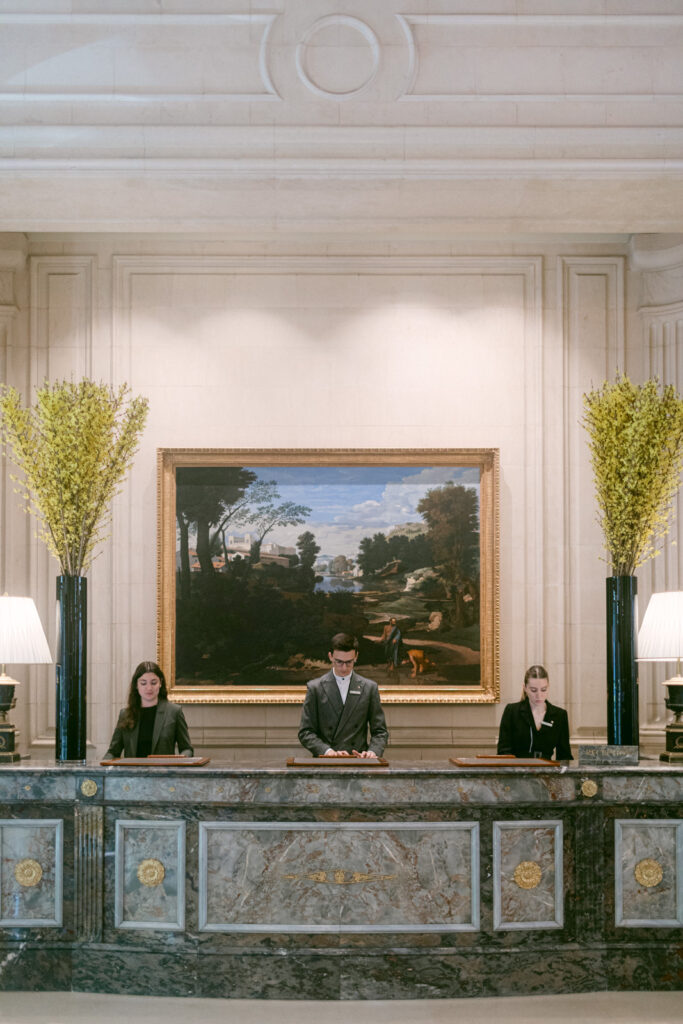 Reception desk at George V  Paris, welcoming guests for Paris palace weddings