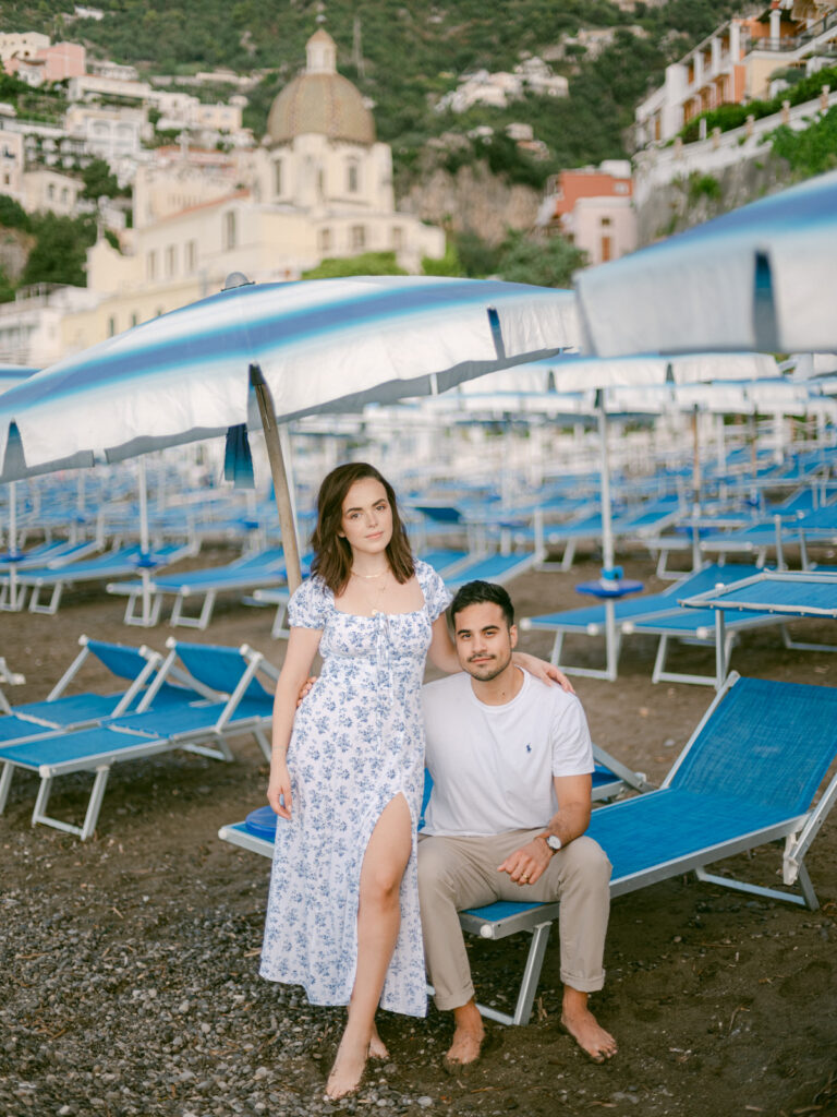 Positano engagement session on Amalfi Coast with sea view and pastel houses