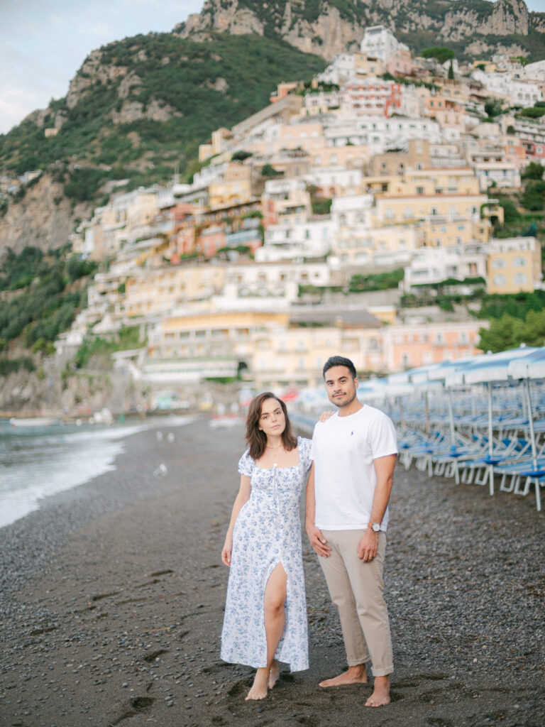 Positano engagement session on Amalfi Coast with sea view and pastel houses